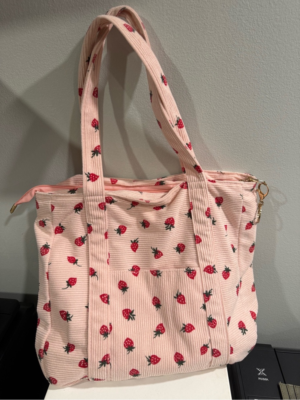 Pink Strawberry Print Tote Bag